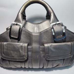 Cole Haan Metallic Silver Distressed Leather Handbag Purse EUC